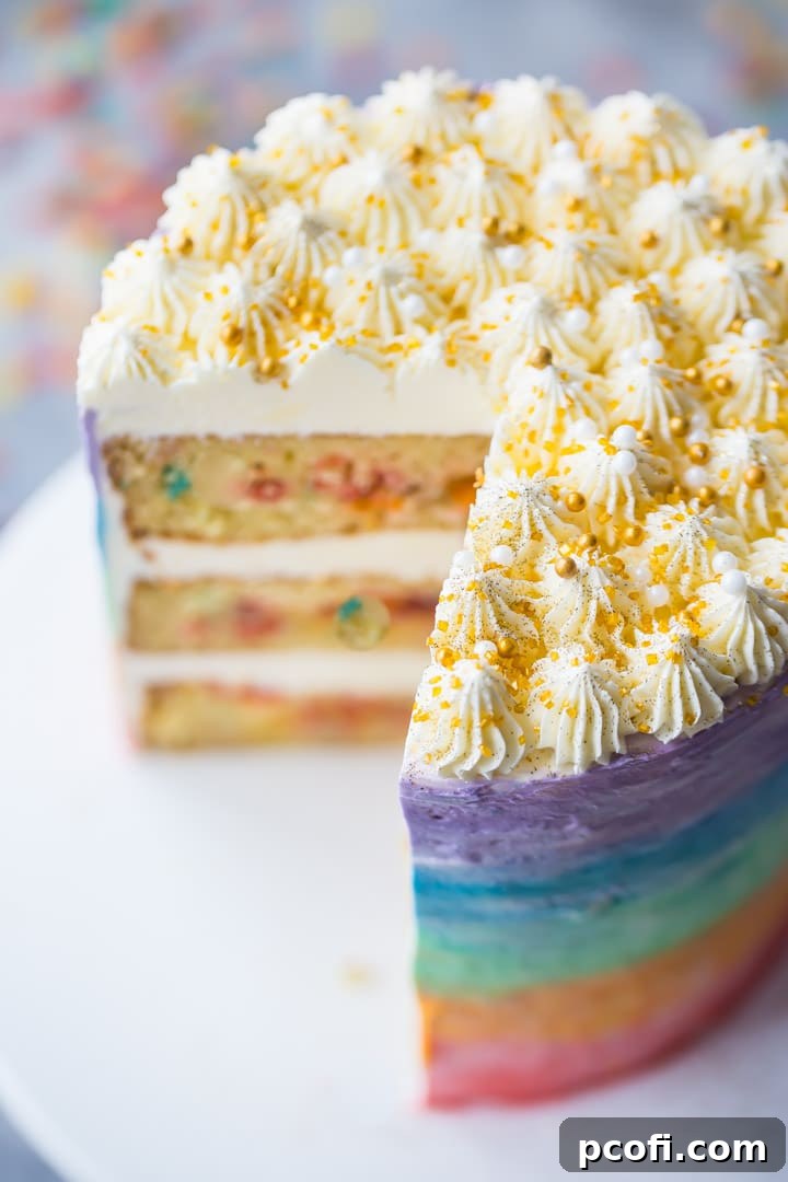 Rainbow fruity pebble cake with gold sprinkles, on a cake stand with fruity pebbles cereal scattered on a pale gray background. 