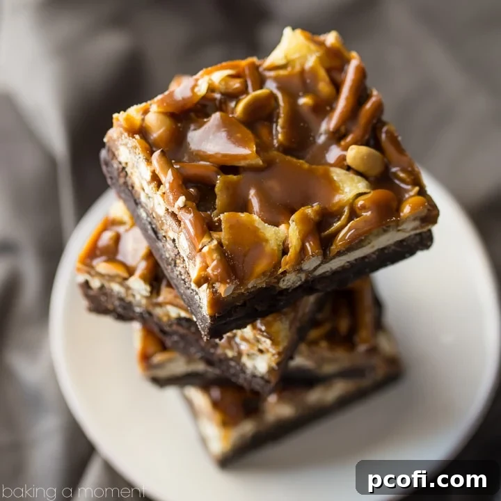 A dark chocolate-y, fudgy brownie, topped with pretzels, potato chips, peanuts, and caramel. These are completely over-the-top!