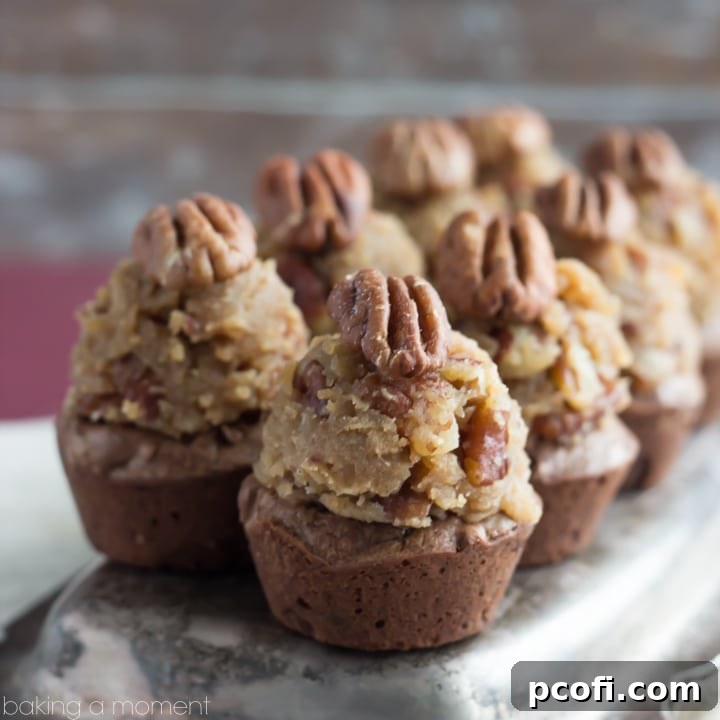 Rich and Fudgy Homemade Brownie Bites are loaded with Chocolate and topped with an easy Bourbon Pecan Pie Topping. Great finger food; perfect for Superbowl snacking!