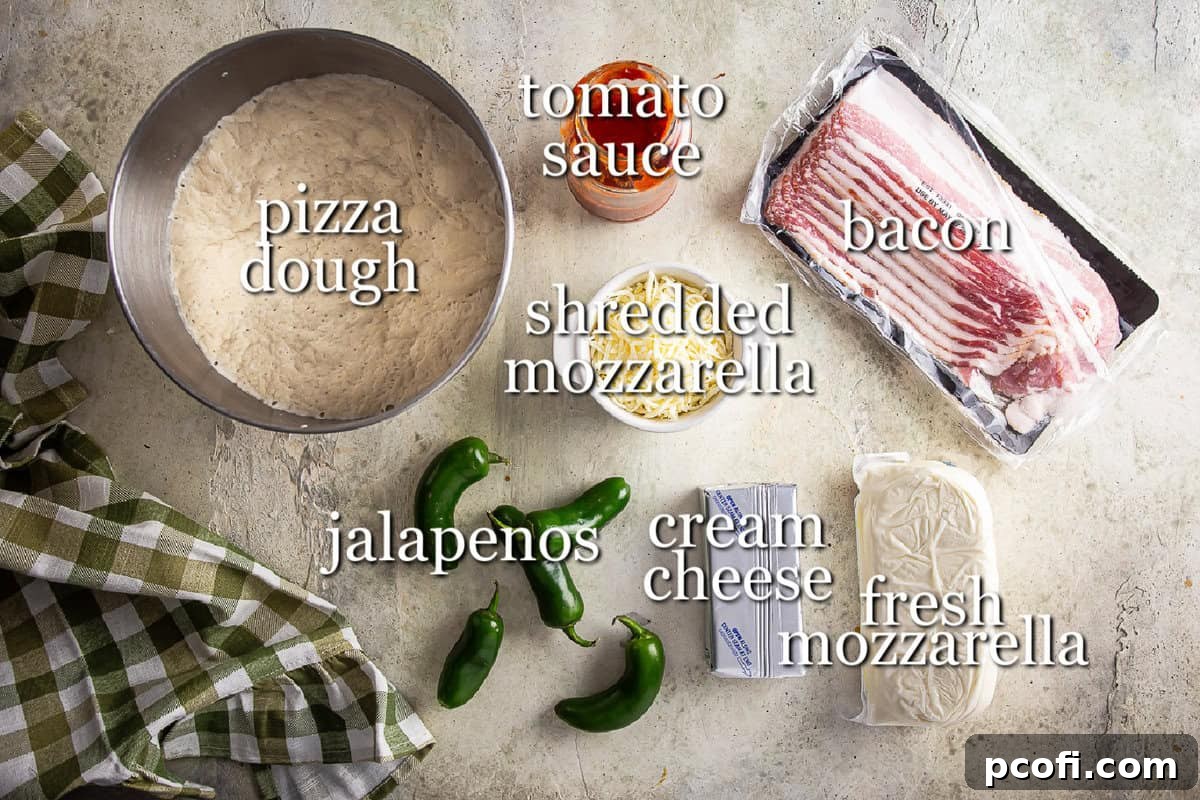 Ingredients for jalapeno popper pizza in separate containers on a gray background, ready for assembly.