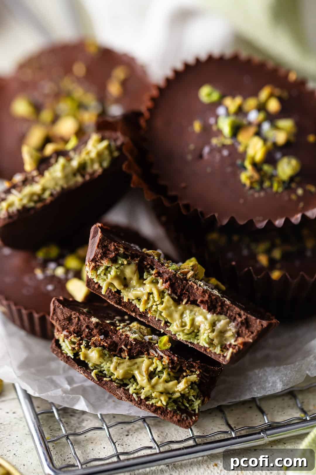 A stunning Dubai chocolate, cut perfectly in half to reveal its luscious layers of chocolate and vibrant green pistachio-kataifi filling, adorned with finely chopped pistachios on top.