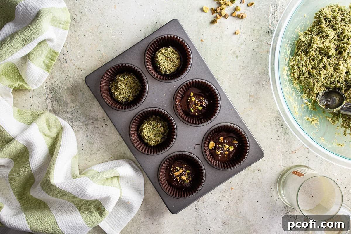 Adding the final layer of melted chocolate on top of the pistachio-kataifi filling to complete the Dubai chocolate cups.
