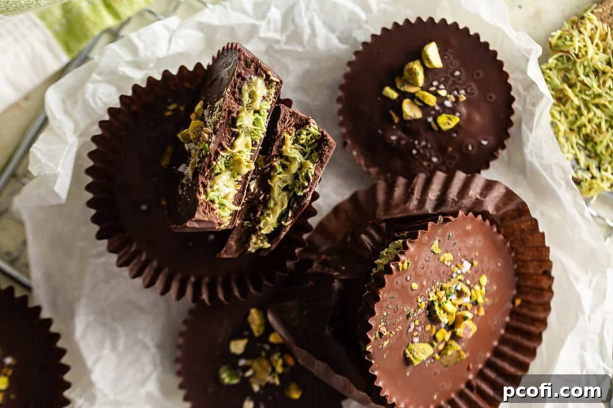 Finished Dubai chocolates, garnished with pistachios and sea salt, arranged neatly on a white parchment background, ready for enjoyment.