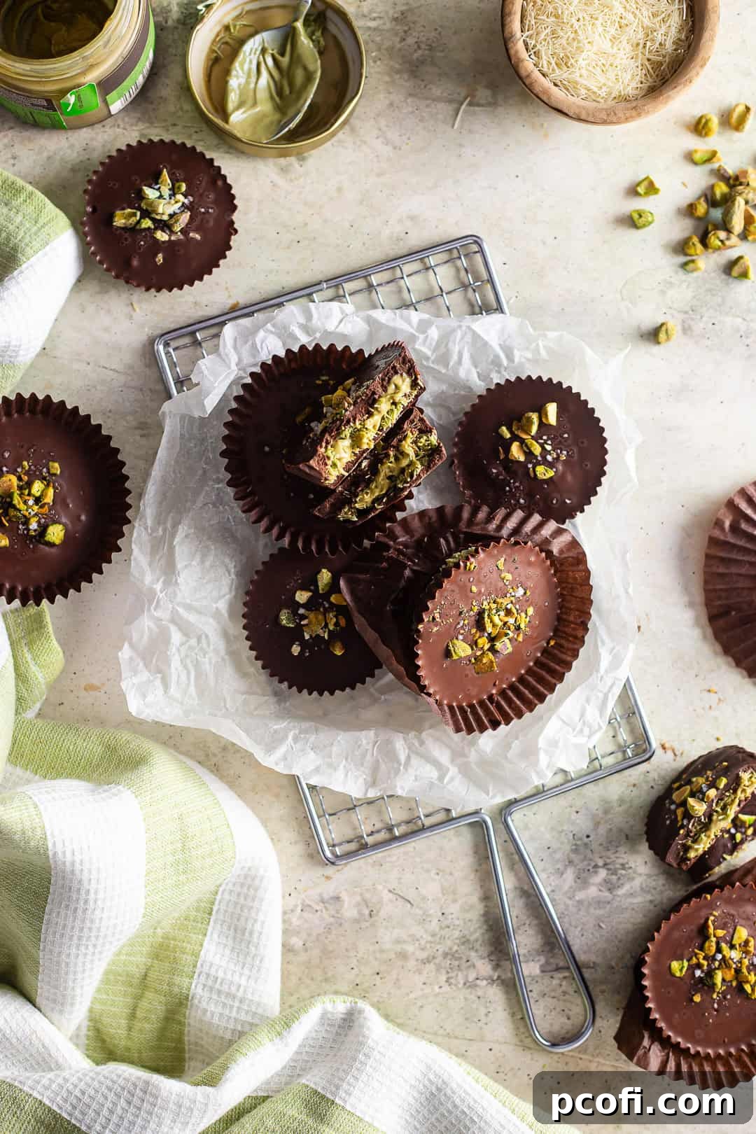 A tray of beautifully arranged Dubai chocolates on a cooling rack, placed over a slightly crumpled piece of parchment paper, ready to set.