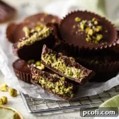 A finished Dubai chocolate, sliced to reveal its perfect layers, next to a whole one, garnished with pistachios.