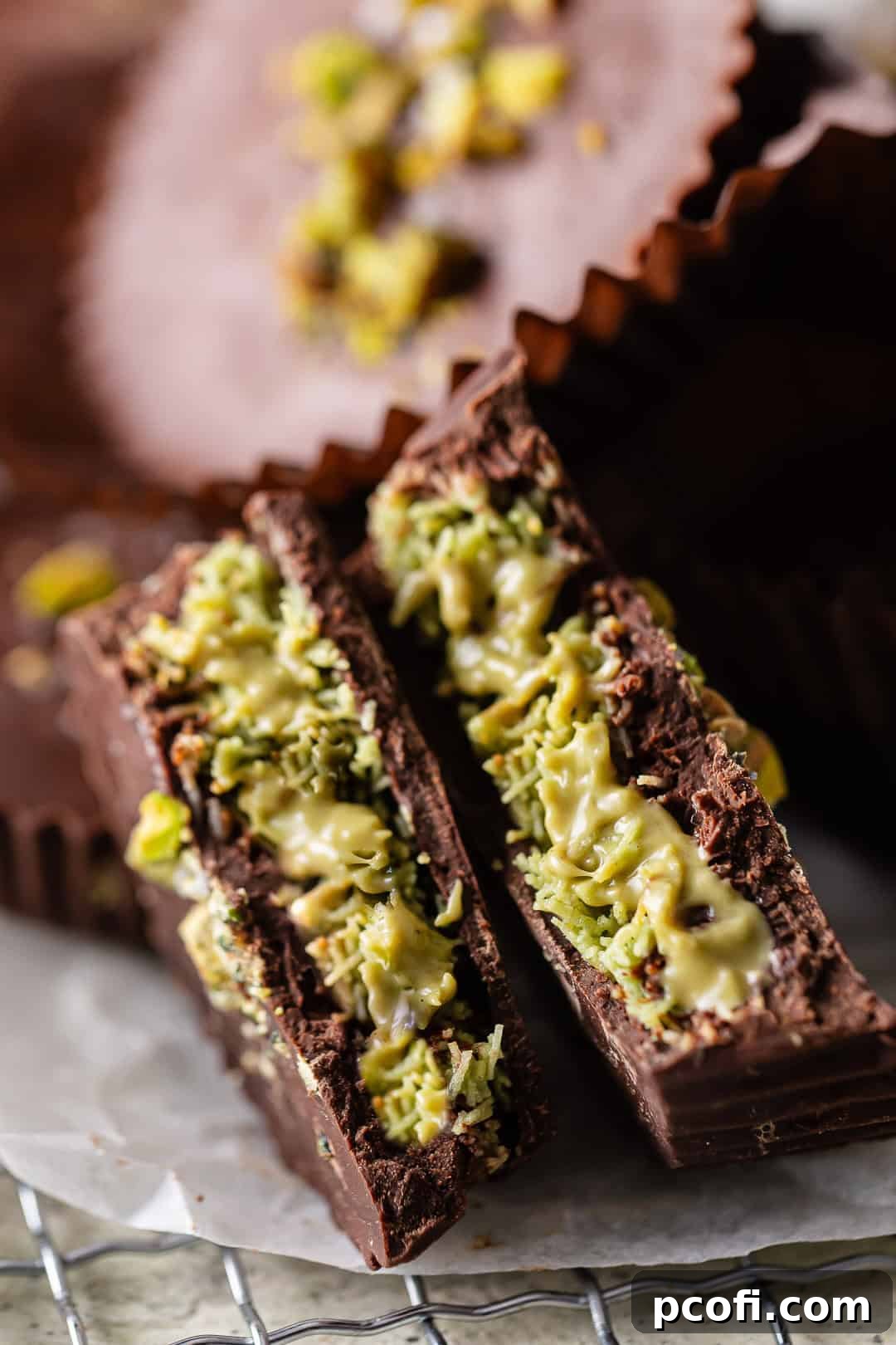 A close-up shot of a Dubai chocolate, perfectly broken in half, showcasing its crispy kataifi and creamy pistachio layers encased in rich chocolate.