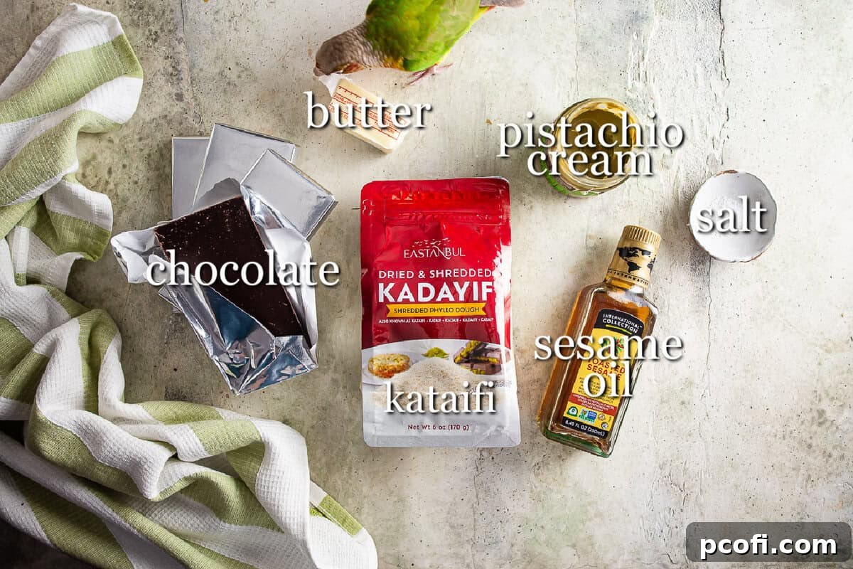 All the essential ingredients for making Dubai chocolate, neatly arranged in separate containers, ready for preparation.