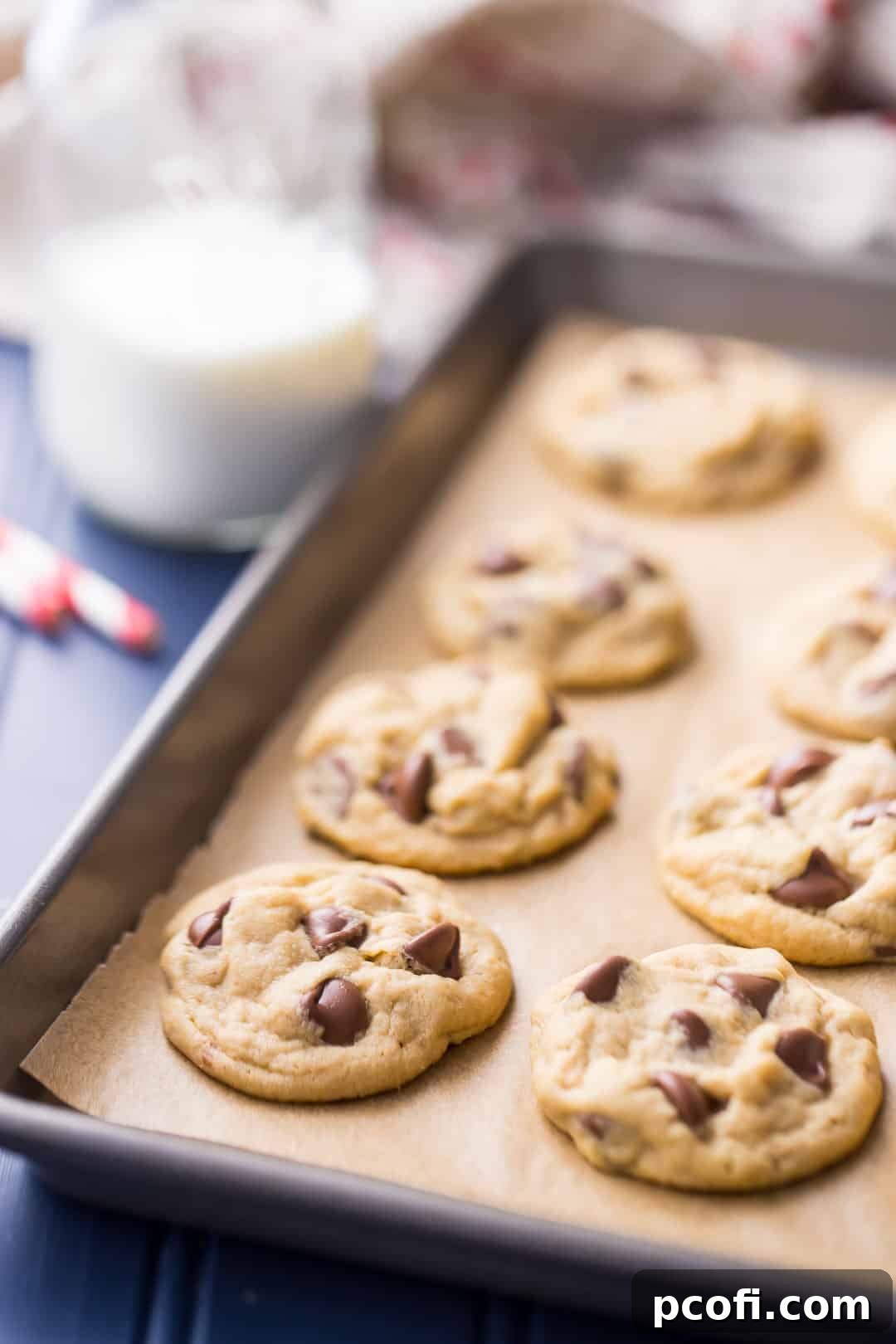 Old-Fashioned Peanut Butter Chocolate Chip Cookies stacked, revealing soft centers.