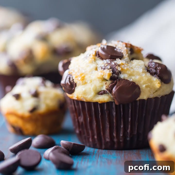 Square image of a freshly baked chocolate chip muffin on an aqua-painted wood background, with chocolate chip mini-muffins in the background.