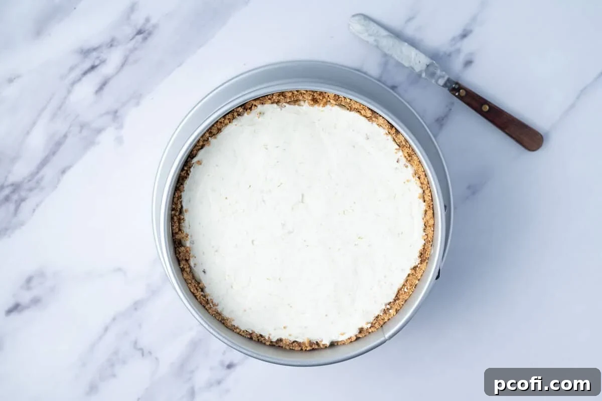cheesecake filling smoothed into graham cracker crust