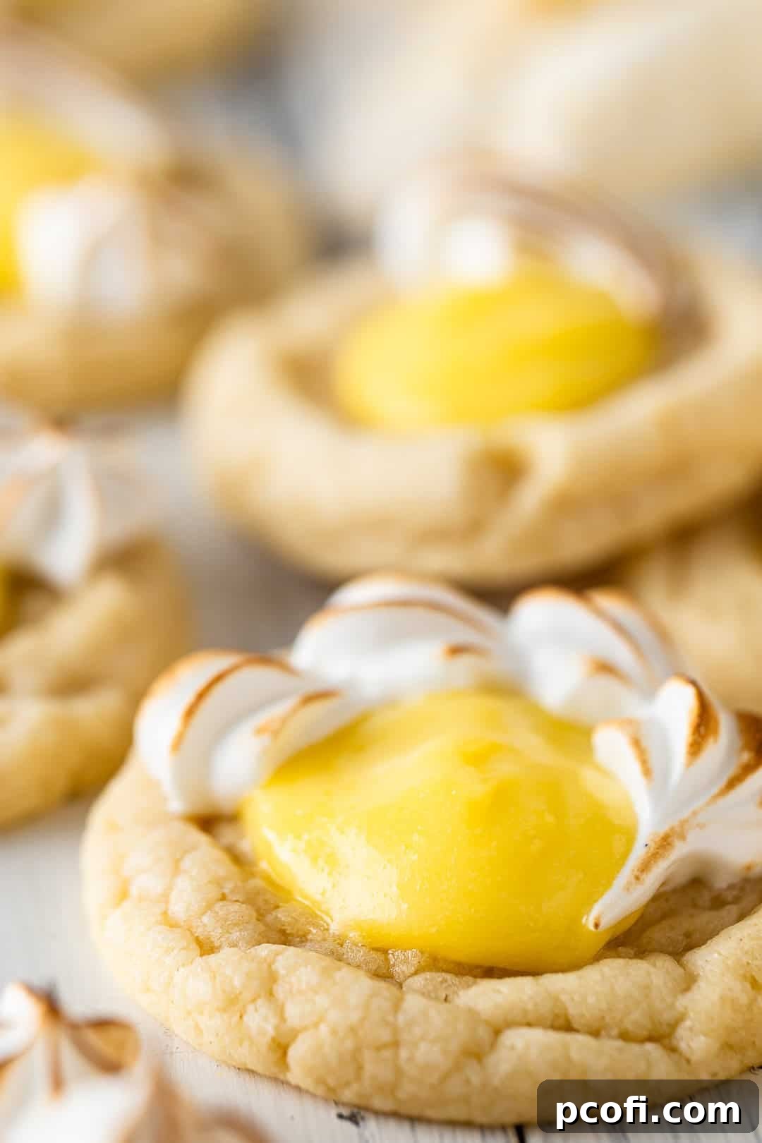 Closeup of a lemon meringue pie cookie.