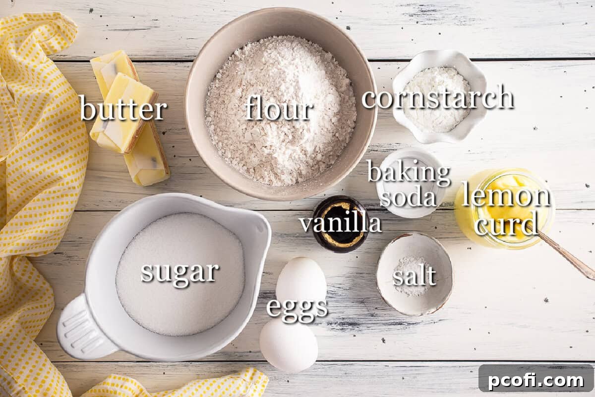 Lemon Meringue Pie cookie ingredients in separate containers on a wooden background.