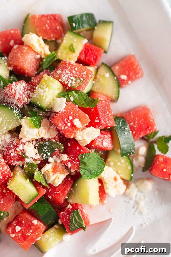 Refreshing Watermelon, Feta & Mint Salad Recipe 2 Watermelon salad on a white plate.