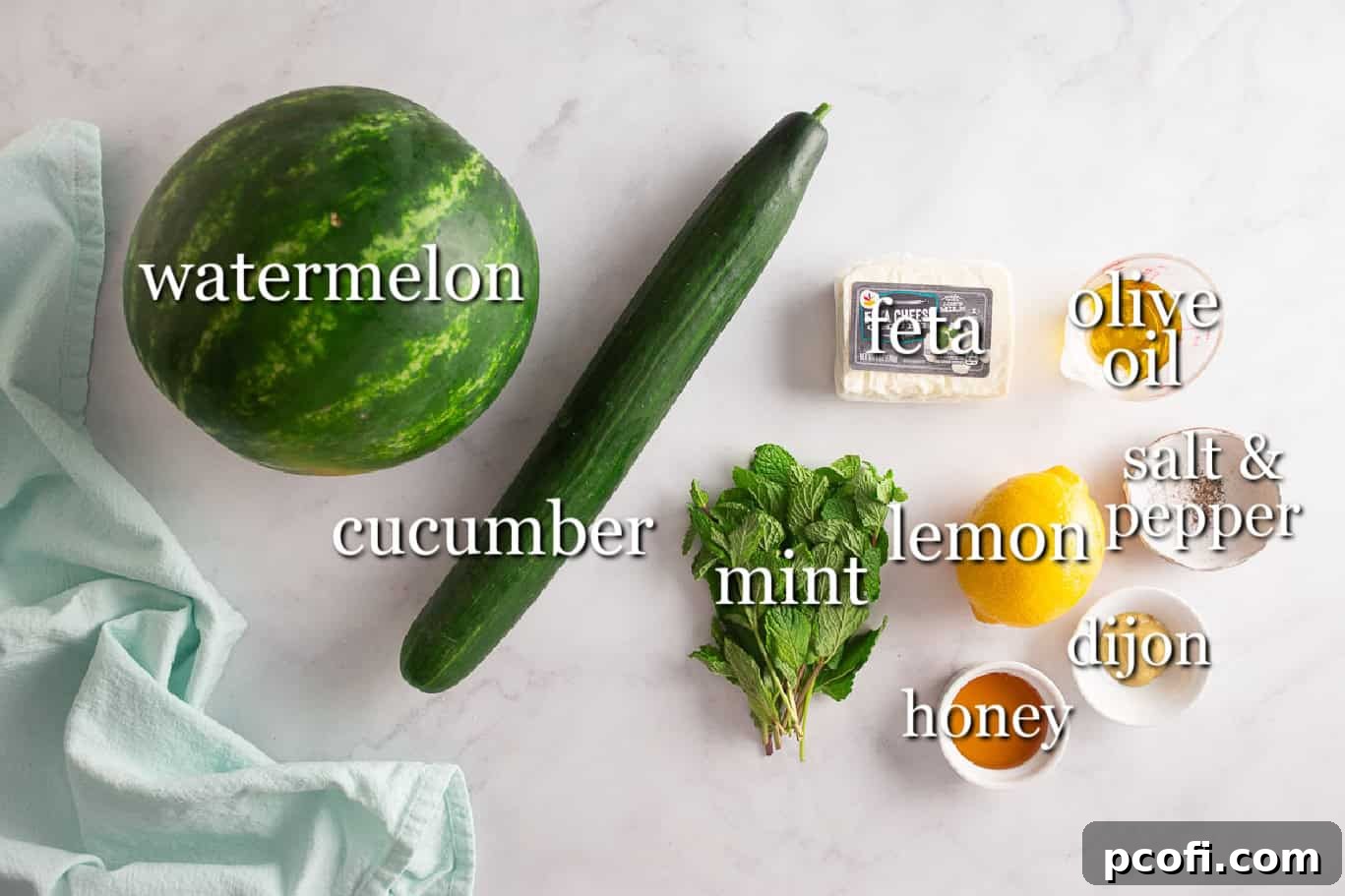Refreshing Watermelon, Feta & Mint Salad Recipe 3 Ingredients for watermelon mint feta salad before being prepped and combined.
