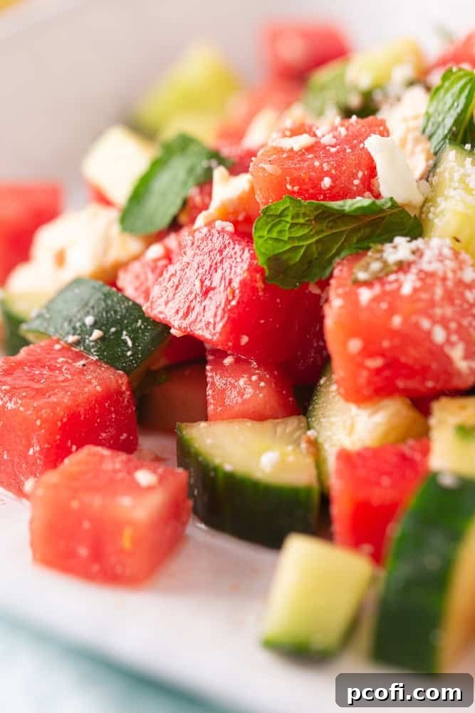Refreshing Watermelon, Feta & Mint Salad Recipe 8 Close-up of watermelon salad.
