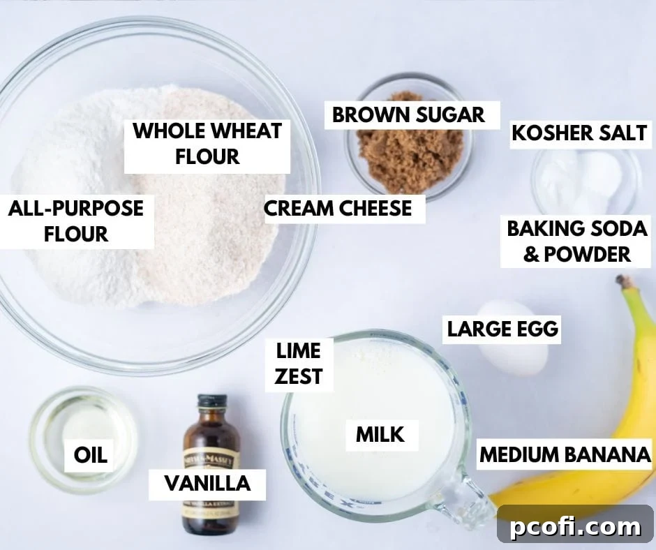 ingredients needed for banana pancakes with text overly