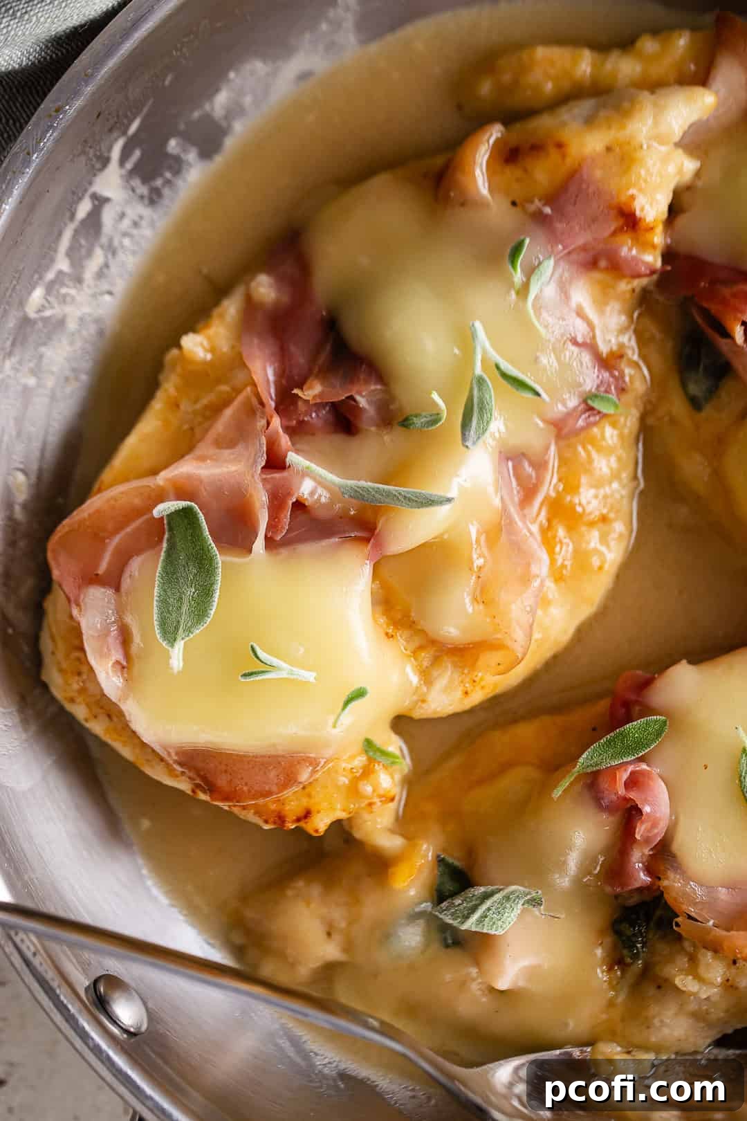 Finished chicken saltimbocca close-up.