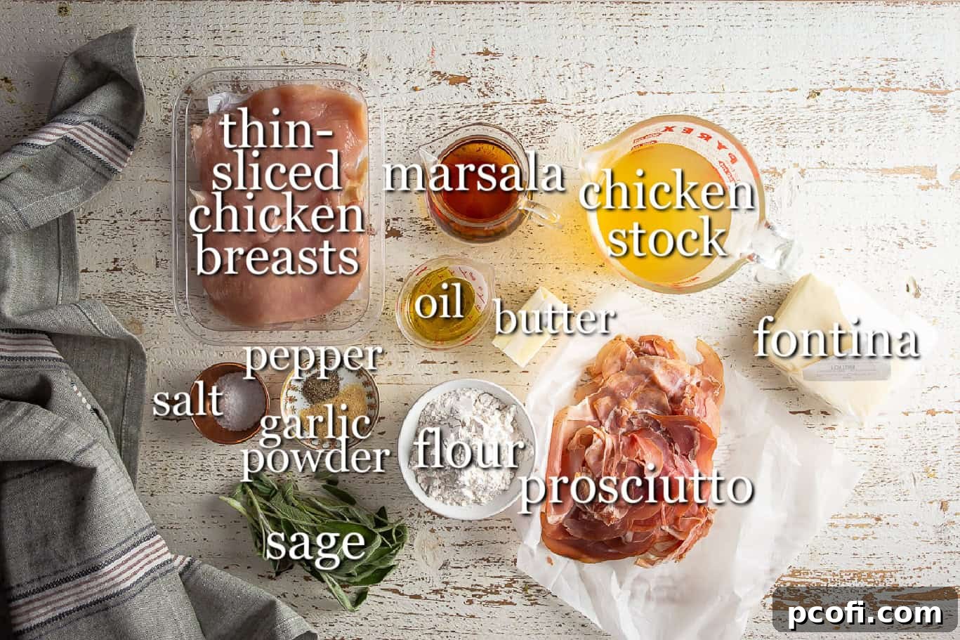 Ingredients for chicken saltimbocca in separate containers.