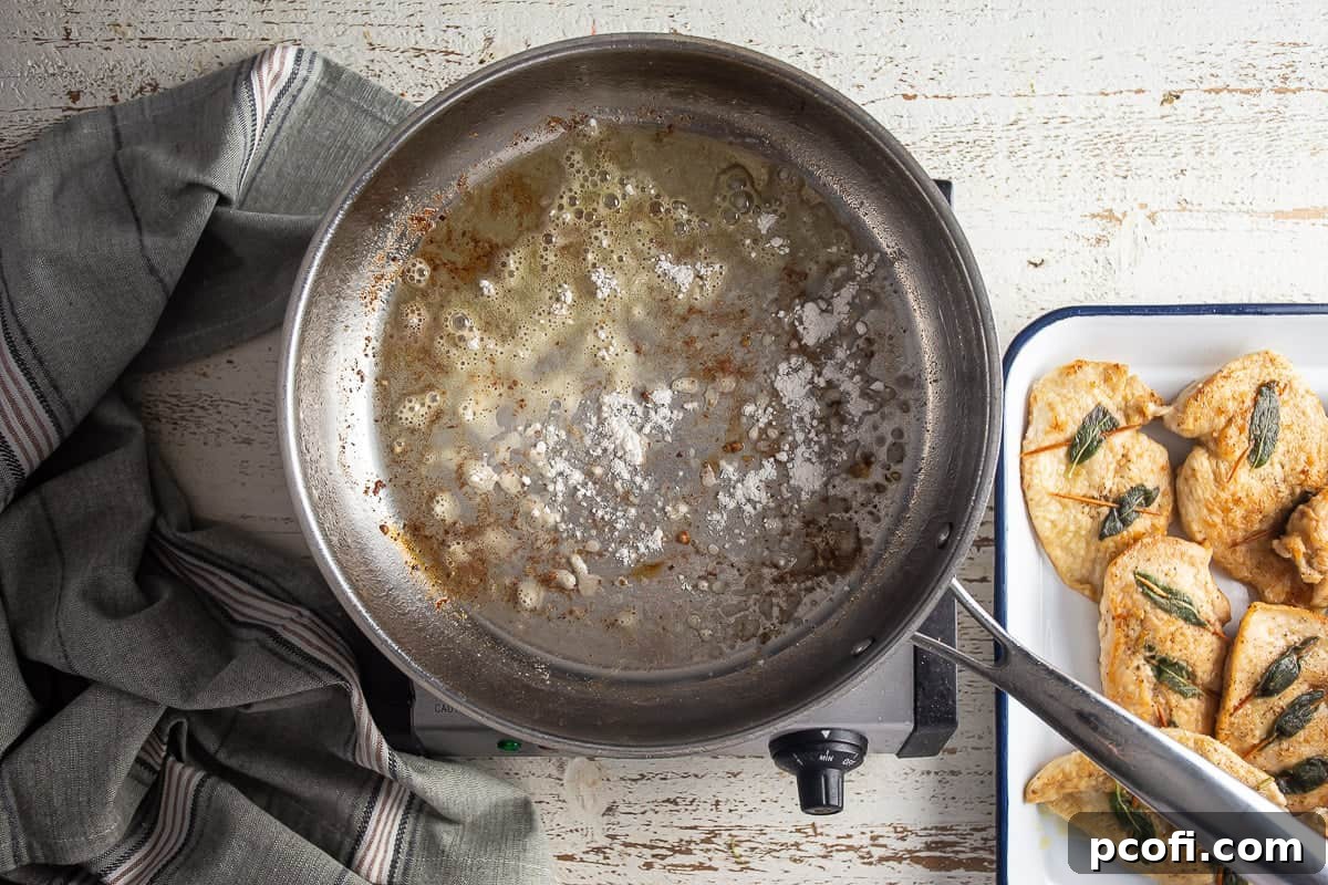 Adding flour to the pan drippings for chicken saltimbocca.