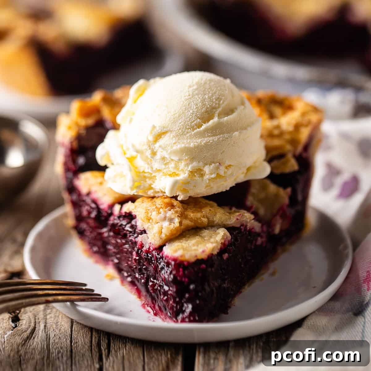 A slice of blackberry pie with ice cream on top and a fork near the dish.