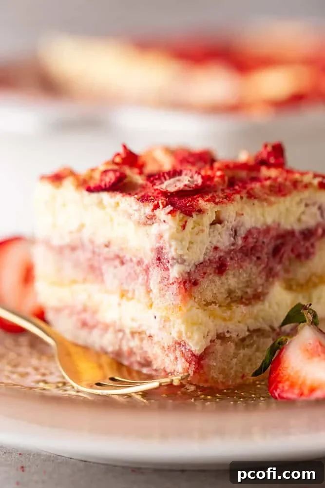 Strawberry Tiramisu Recipe with Mascarpone and Ladyfingers 2 Strawberry tiramisu slice with a gold fork.