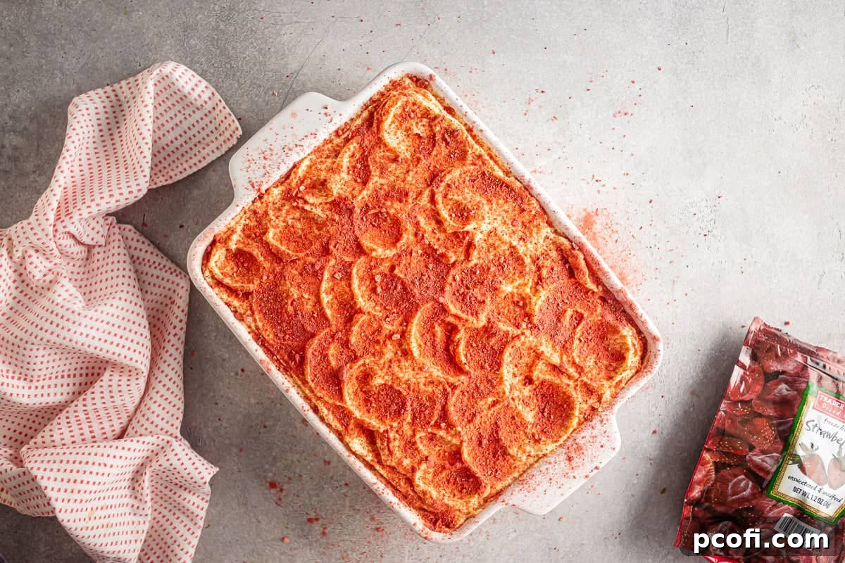 Strawberry Tiramisu Recipe with Mascarpone and Ladyfingers 18 Finished strawberry tiramisu before chilling.