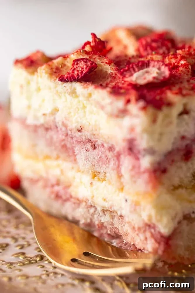 Strawberry Tiramisu Recipe with Mascarpone and Ladyfingers 19 Close-up shot of a slice of strawberry tiramisu.