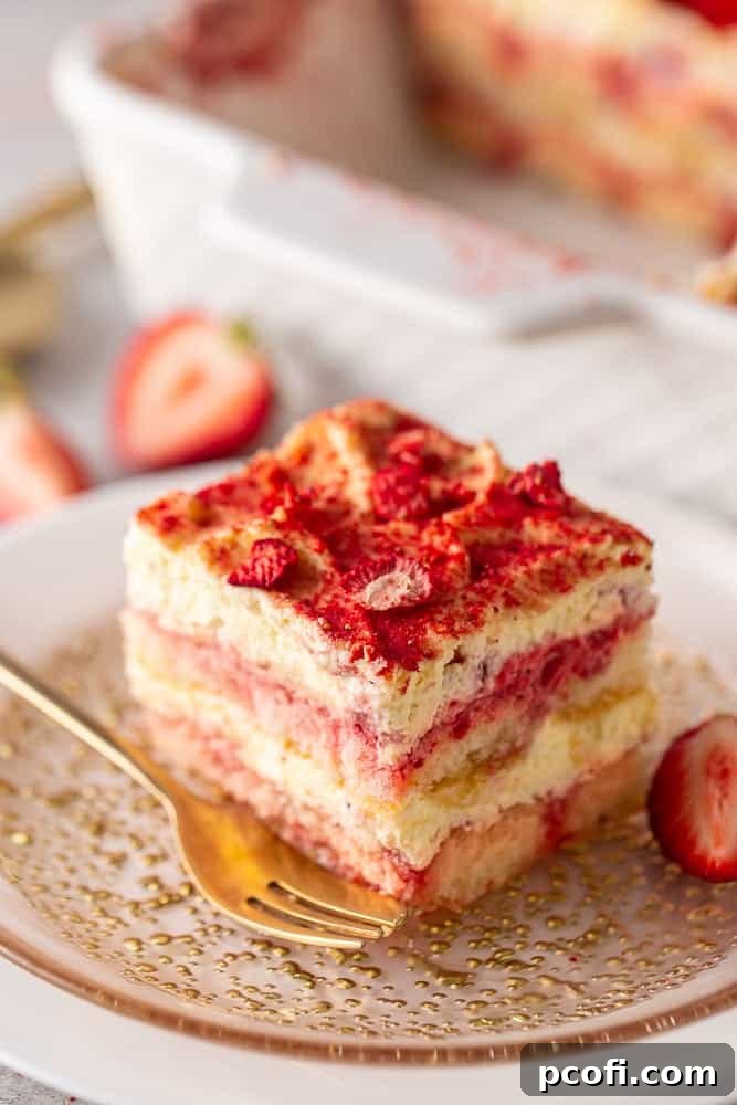 Strawberry Tiramisu Recipe with Mascarpone and Ladyfingers 20 A slice of strawberry tiramisu on a plate with a gold fork.